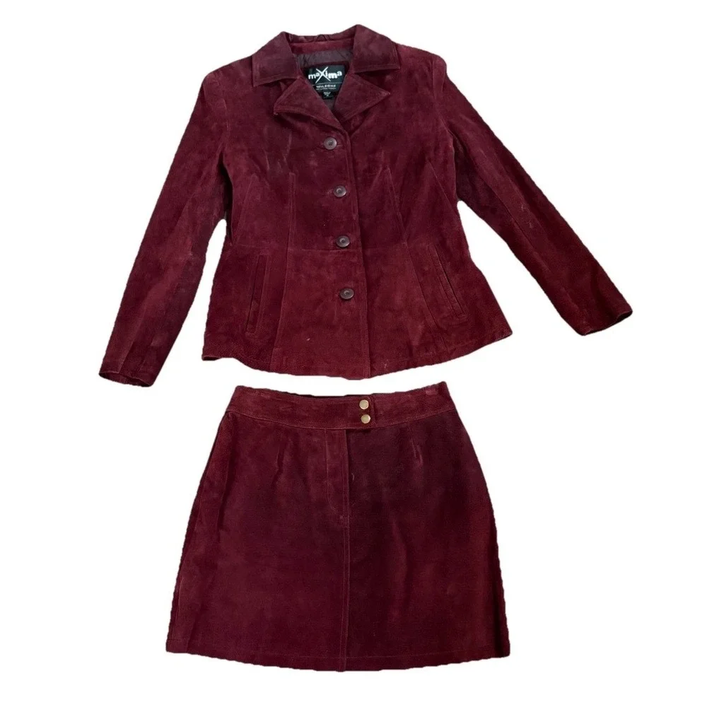 Vintage 90s Wilsons Leather Maxima Burgundy Suede Jacket (Sz M) & Skirt (Sz‎ 6)